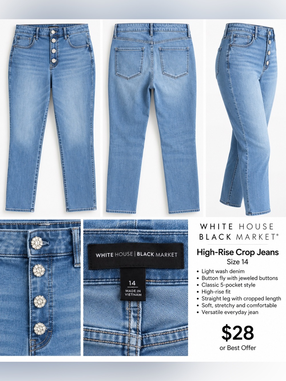 White House Black Market Light Blue High-Rise Crop Jeans with Jeweled Buttons